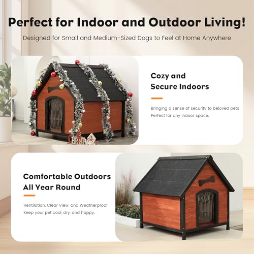 Solid Wooden Dog Crates Large Dogs Outdoor Indoor with Curtain (Brown1 / Medium)