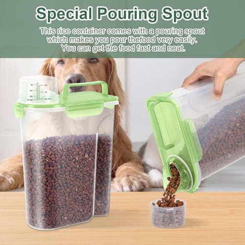 5-7Lbs/6Qt Dog Cat Storage Container Portable with Upgraded Large Spout and Cup, Plastic Pet Food Dispenser for Small Animal Kibble, Bird Seed, Oatmeal, Rice, Flour, Brown Sugart (Clear Green) (Clear Green / 5L-1pack)