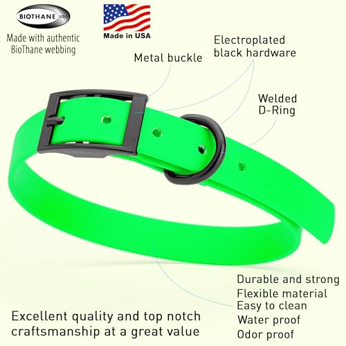Biothane Waterproof Dog Collar Strong Coated Nylon Webbing with Black Hardware Odor (W3/4" x L15-18" / Tropical Green)