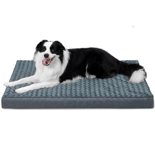 Dog Bed Mat Plush 3in Orthopedic Pad for Large Dogs up to 65 lbs Large Waterproof Removable Cover Machine Washable for Large Dogs (Gray-Blue / L)