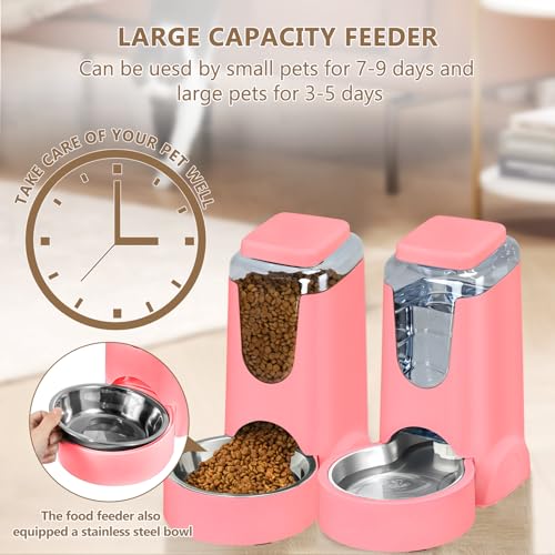 Automatic Cat Feeder and Water Dispenser with Stainless Steel Bowl Dog Gravity Food Feeder and Waterer for Small Medium Pets Puppy Kitten 1 Gallon x 2 (Pink)