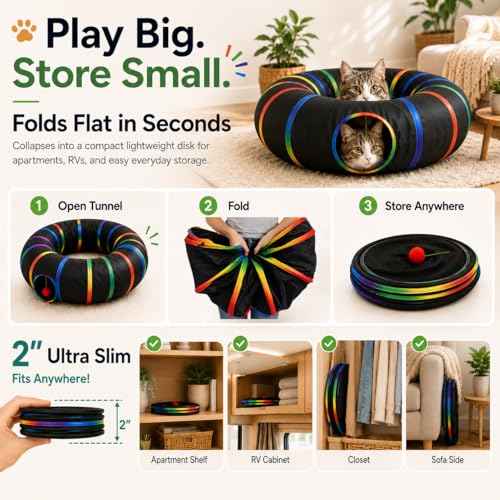 Cat Tunnel Toy with Plush Ball & Cat Wand Feather Toys (1 Pack - Round Tunnel / Black)