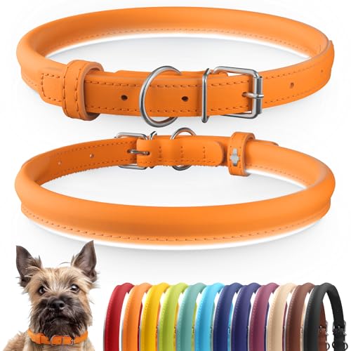 Tangle Free Reflective Leather Dog Collar (Orange / XS)