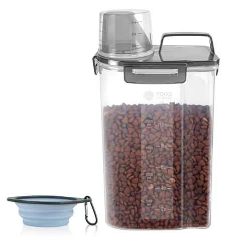 3-5Lbs/3Qt Dog Cat Food Storage Container With Foldable Bowl. Plastic Pet Food Dispenser for Small Animal Kibble/Pet Food/Bird Seed/Oatmeal/Rice/Flour/Brown Sugart/Cereals (Clear Black) (Clear Black / 3L-1pack)