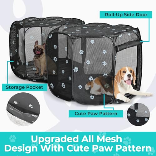 2-in-1 Pop Up Dog Playpen Cat Pet Puppy Playpen, Non-Detachable (Black Mesh / 55.2"L x 27.6"W x 17"H)
