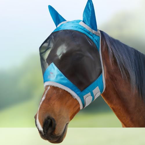 CareMaster Pro Luminous Horse Fly Mask Large Eye Space Standard with Ears UV Protection for Horse Sky Blue S Pony (Sky Blue / Small (Yearling))