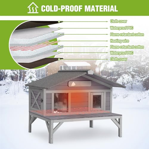 Heated Cat House Large Insulated Cat House Outdoor Weatherproof Feral Cat Shelter with Heated Pad