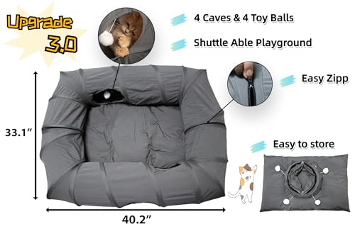 4 Ways Shuttled XL Cat Tunnel Bed for Indoor Cats Peekaboo Cat Cave Donut with Cool Mat (Extra Large / Dark Gray)