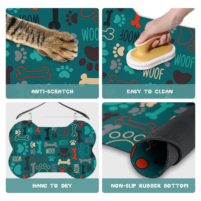 Dog Food Mats for Floors Waterproof (Green Bone / 23.6"L x 15.7"W)