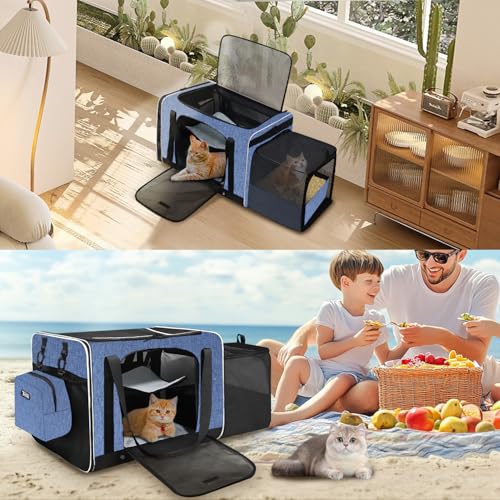Side Expandable Extra Large Cat Carrier with Litter Box (Blue)