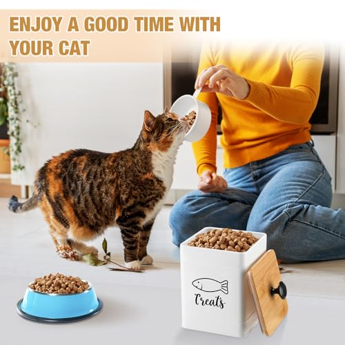 Metal Airtight Cat Food Containers Set of 3 with Bamboo Lids and Spoon 7+3+2 Lbs Cat Treat Storage Container Countertop with DIY Labels Pet Cookie Organizer Jars for Kitchen Counter (White)