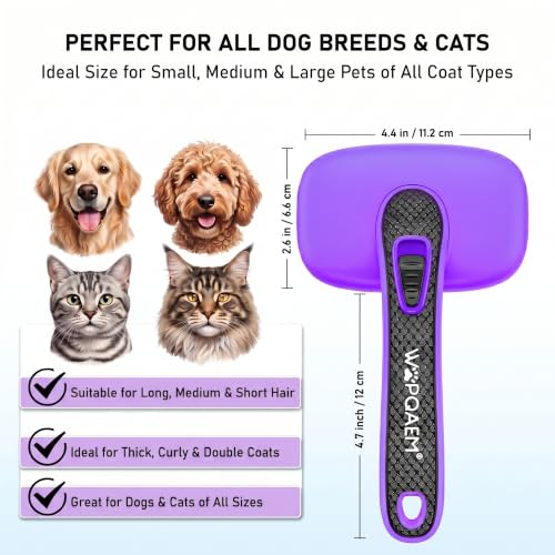 Self Cleaning Slicker Brush for Dog and Cat Shedding (Purple)
