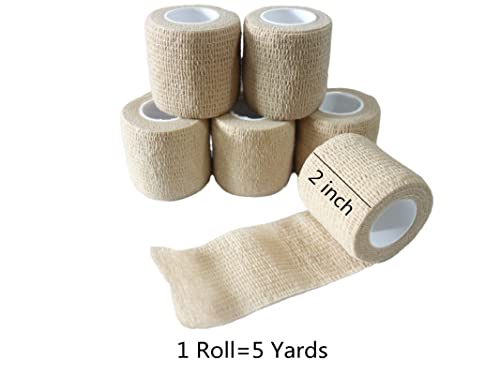 6 Pack 2" x 5 Yards Self Adhesive Bandage Wrap Breathable Cohesive Vet Wrap for Pets (2 Inch (Pack of 6) / Skin Color)