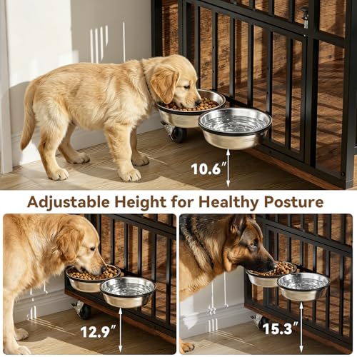 Heavy Duty Large Dog Crate Furniture with 360° Rotatable Bowls & Wheels (43.5"L x 27.2"W x 34.8"H)