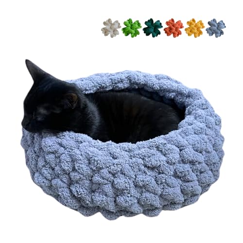 Cat Nest Bed Handwoven Washable Round Cave Kitten (Grayish Blue / Medium)