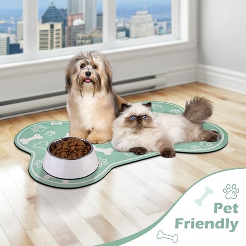 Dog Cat Mat for Food and Water (24"L x 16"W / Bone Shaped Green)