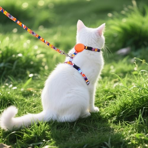 Adjustable Cat Harness and Leash Set Escape Proof Kitten Strap Collar for Walking Travel (Medium / Orange(Geometry))