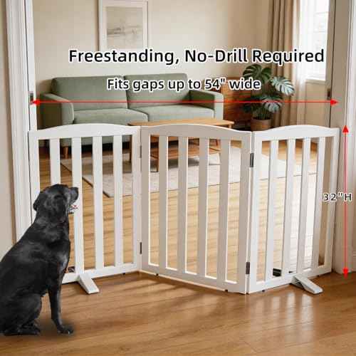 Foldable Freestanding Indoor Dog Gate for House Wood White Long Pet Gates Dog Fence for Stairs Puppy Gates for Hallways (White / 【3 Panels】60''w X 32''h)