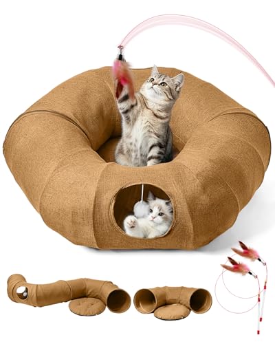 Linen Cat Tunnels with Central Cat Bed (Linen Brown)