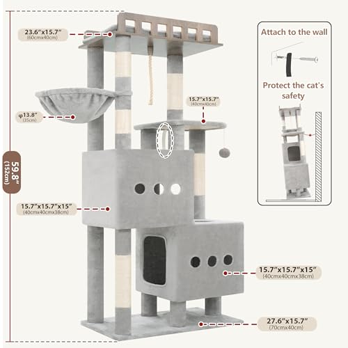 Cat Tree Sturdy Cat Tower with 2 Spacious Cat Condos GCT029W (60 inches / Light Gray)