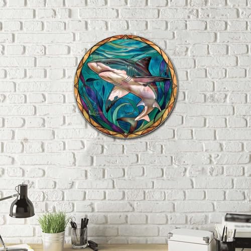 Metal Sign Tin Sign Circular Stained Glass Shark Garage Sign for Pet 8×8 Inches (8×8 Inches / Shark-1)