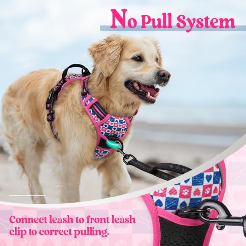 Dog Harness No Pull for Large Dogs with 2 Leash Clips (Medium / Hot Pink Grid)