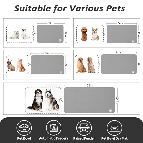 Dog Food Mat Absorbent Cat Mat for Food and Water (Paw Grey / 28"L x 18"W)