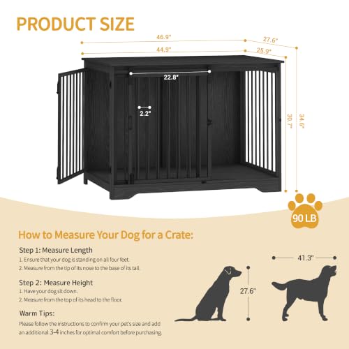 46.9" XXL Dog Crate Furniture Indoor Dog Kennel with Barn Door (Black / 46.9"L x 27.6"W x 34.7"H)