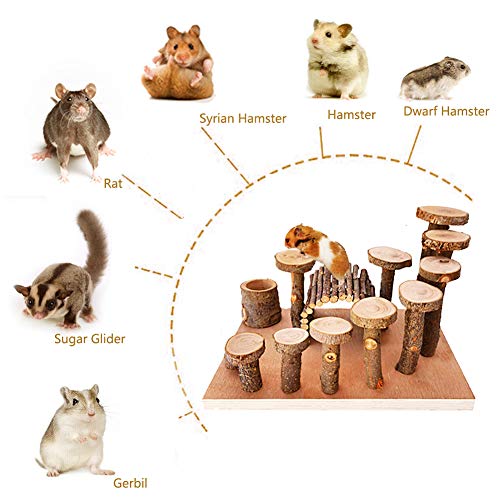 Wooden Hamster Platform Toy Chinchilla Activity Playground Stand Ladder Guinea Pigs Hideout Set Bridge Ramps Chew Toys for Mouse Gerbil Rat Sugar Glider Syrian Dwarf Hamster Small Animals (Platform with wooden bridge)