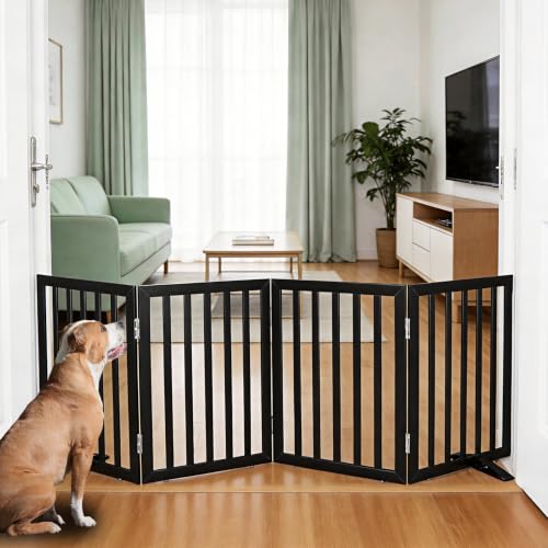 Freestanding Indoor Dog Gate for House Foldable Wood Puppy Gate for Doorways Pet Gate for Stairs Extra Wide Pet Fence (Black / 【4 Panels】80''w x 24''h)