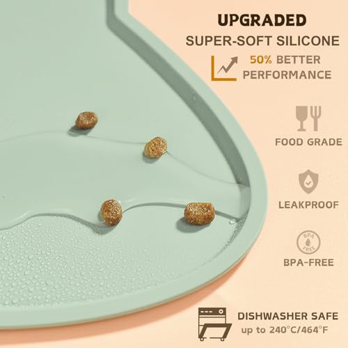 Cat Food Mat Silicone Non Slip Dog Bowl Mat Waterproof Cat Feeding Mat Stop Food Spills and Water Messes Out to Floor Pet Food Mat (Eucalyptus Green / 17" x 10")