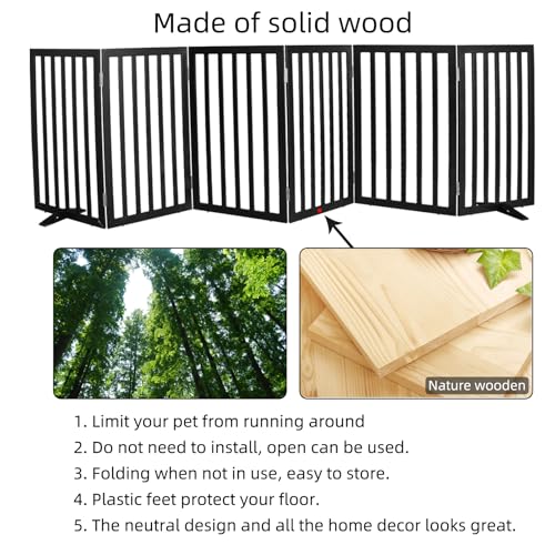 Freestanding Indoor Dog Gate for House Foldable Wood Puppy Gate for Doorways Pet Gate for Stairs Extra Wide Pet Fence (Black / 【6 Panels】120''w x 32''h)