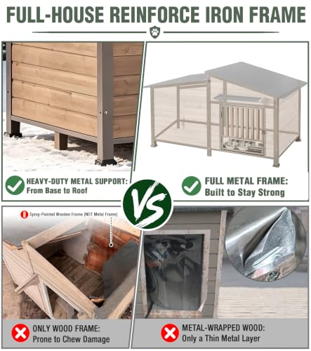 Extra Large Heated Dog House Outdoor with Iron Frame & Rotating Bowls Beige
