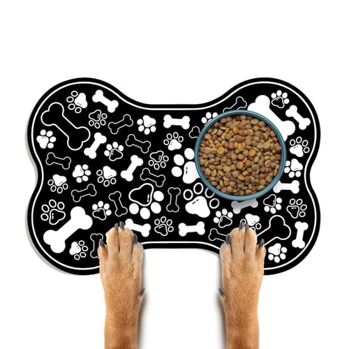 Dog & Cat Food Mat Bone Shaped Pet Feeding Mat Quick Absorb Water Bowl Placemat with Rubber Backing Indoor Floor Stain Resistant Pet Accessory Supplies (Black / 12"L x 18"W)