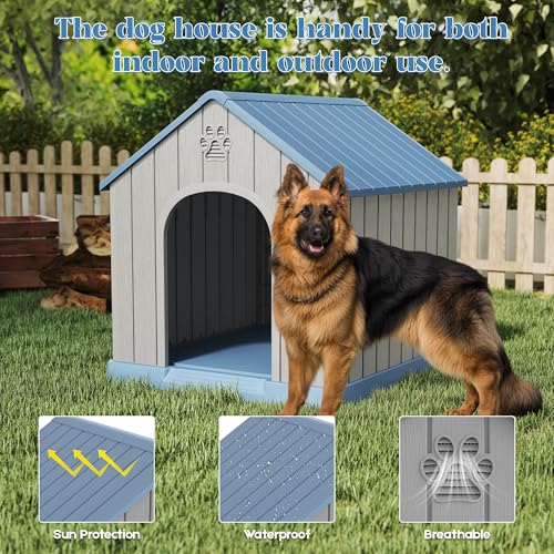 Large Dog House Outdoor Indoor for Medium Large Dogs (Blue / 36.2" L × 38" W × 38" H)