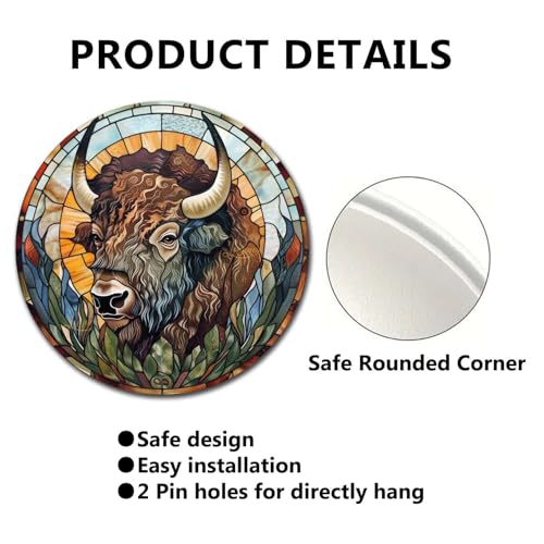 Metal Sign Tin Sign Circular Stained Glass American Bison Metal Sign for Pet 8×8 Inches (8×8 Inches / American Bison-2)
