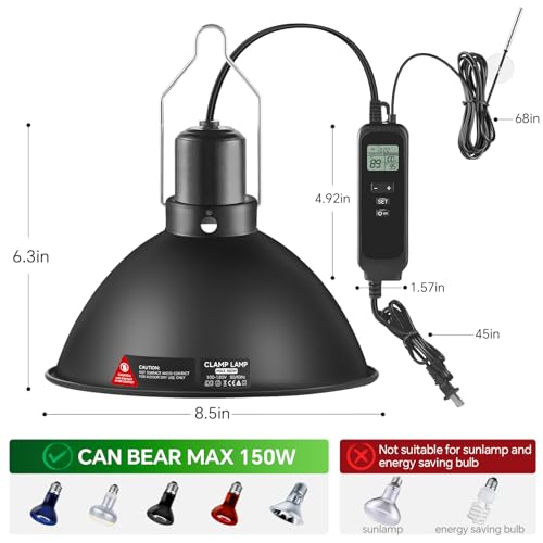 8.5 inch Reptile Heat Lamp Fixture with Thermostat and Timer (8.5 inch without CHE Bulb)