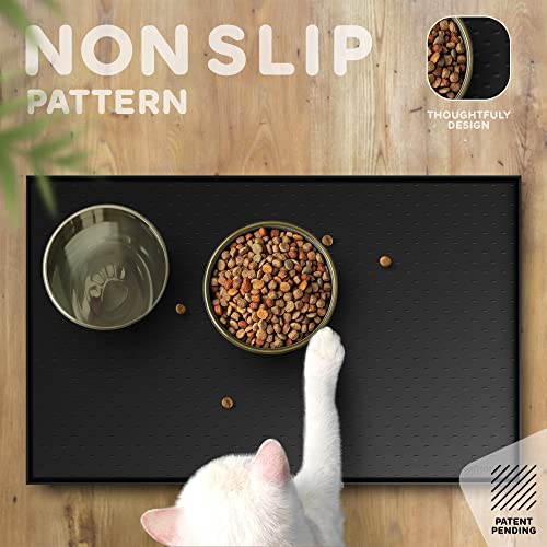 Dog Food Mat Raised Edges Dogs Mat for Food and Water Prevent Spill (18.5" x 11.5" / Black)