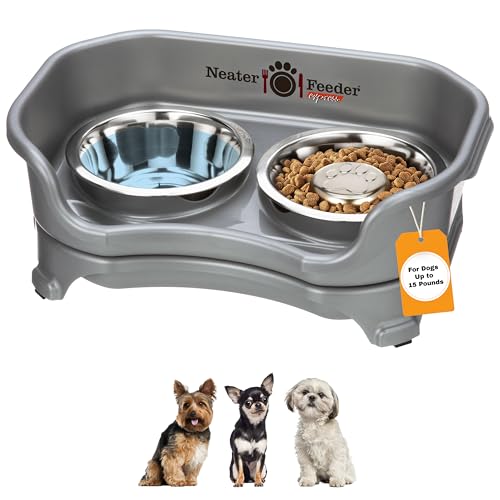 Express Mess Proof Dog Bowls Elevated for Small Breed (Small w/ Metal Slow Feed Bowl / Gunmetal Grey)