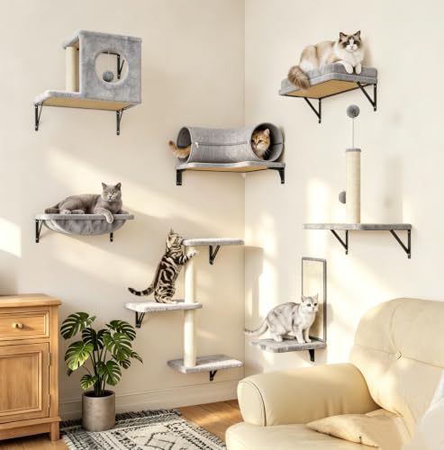8-in-1 Cat Wall Shelves, Cat Wall Furniture Set (Light Grey)