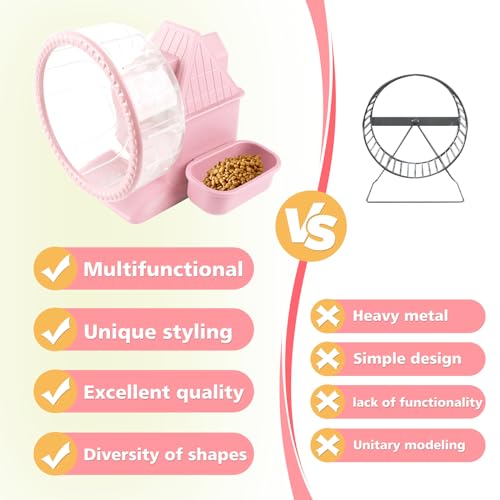 Silent Hamster Wheel Multifunctional Hamster Wheel Quite Running Spinner Wheel Accessories with Food Bowl Water Bottle for Hamsters Dwarf Gerbil (Pink)