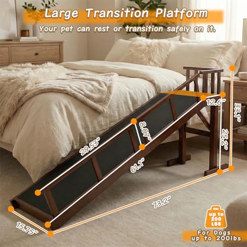 73" Dog Ramp for Bed with Rest Platform & Glow Strips (Brown / 73.2"L x 25"H x 15.7"W)