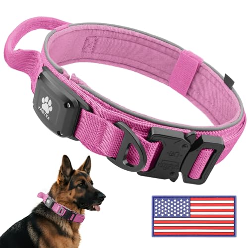 Tactical Dog Collar with IPX8 Waterproof AirTag Holder (Pink / L(16.5"-20.5"))