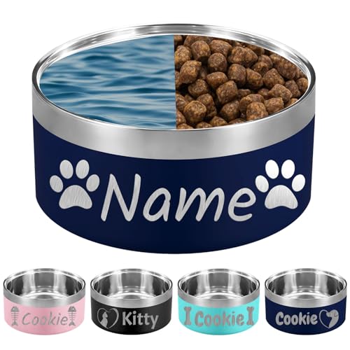 Custom Dog Bowl Personalized Dog Bowls with Name Stainless Steel Non (Navy / 32 oz (2.8x6.4in))