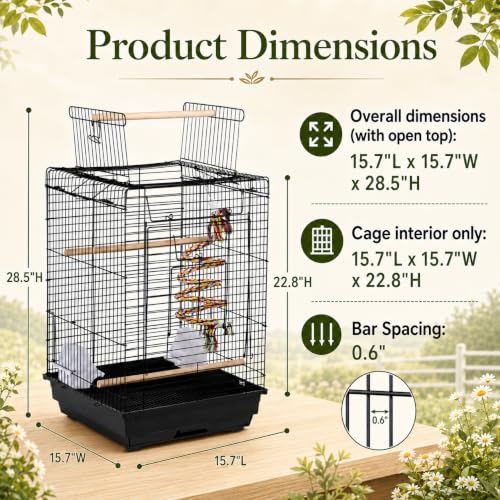 Open Play Top Travel Bird Cage for Conure Sun Parakeet Green Cheek Conure Lovebird Budgie Finch Canary (Black)