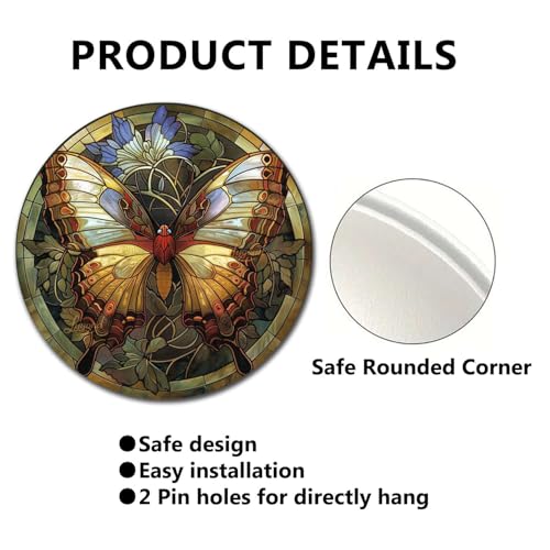 Metal Sign Tin Sign Circular Stained Glass Butterfly Tin Sign Gift for Garage 12×12 Inches (12×12 Inches / Butterfly-2)