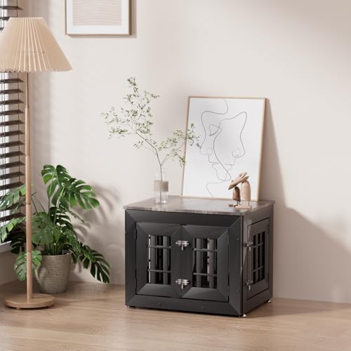 26" Heavy Duty Dog Crate Furniture for Small (26.0"L x 20.5"W x 21.3"H / Black+Grey)