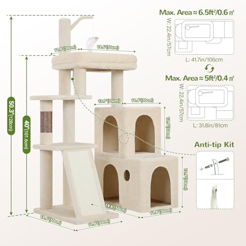 Maine Coon Cat Tower for Indoor Adult Cats (Beige / 50 inch)