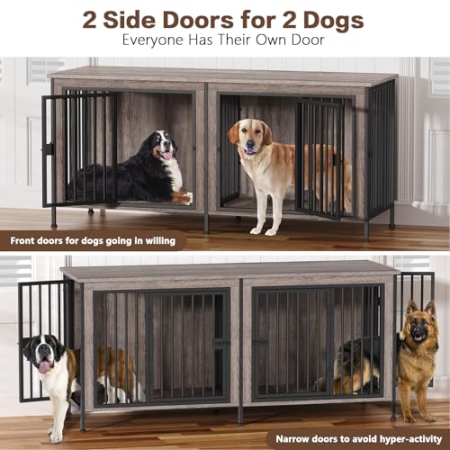 78.74" Dog Crate Furniture for 1 or 2 Dogs (Oak Grey / 78.7"L x 27.6"W x 33.5"H)