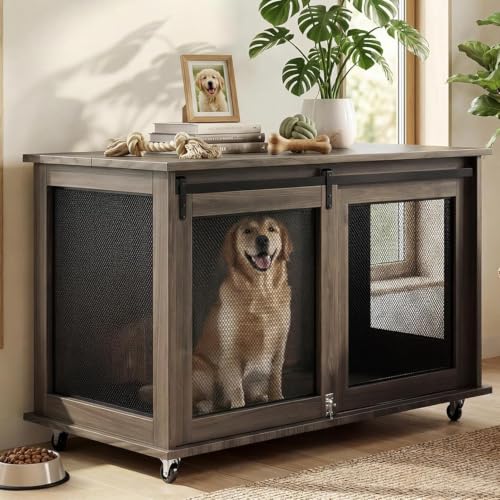 47" Grey Heavy Duty Wooden XXL Dog Crate Furniture for Extra Large Dogs (grey)
